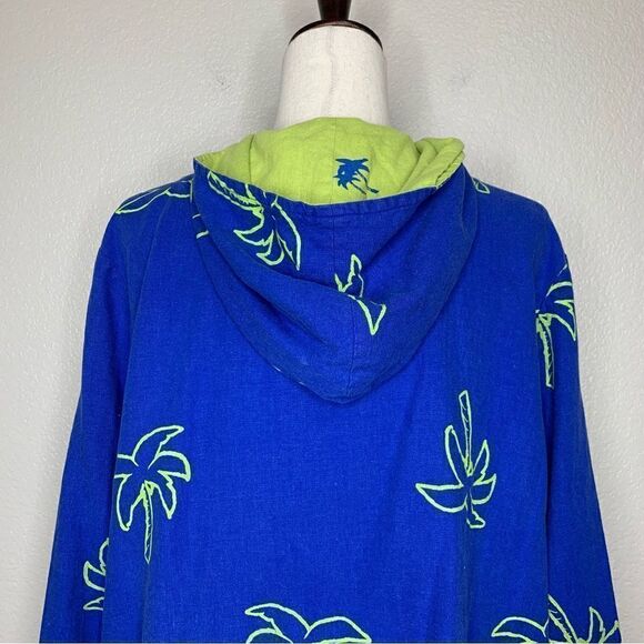 Erin London Linen Blend Vintage Blue Palm Trees Zip Up Hoodie Jacket - Picture 8 of 13